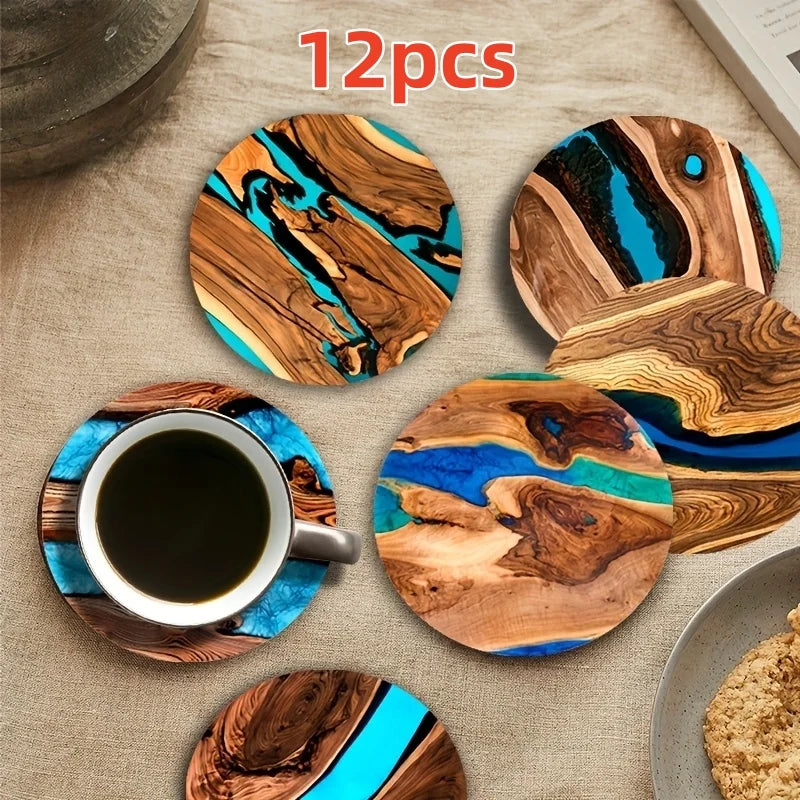 6pcs Vintage Wooden Coasters 2D 4in Tree Pattern with Lake & Desert Designs High-End Home Decor for Coffee Shops & Dining Tab