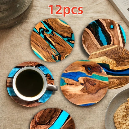 6pcs Vintage Wooden Coasters 2D 4in Tree Pattern with Lake & Desert Designs High-End Home Decor for Coffee Shops & Dining Tab