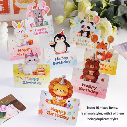10 birthday cards, 3D small size cartoon, simple folding, handwritten blessing message, birthday card - Animal style