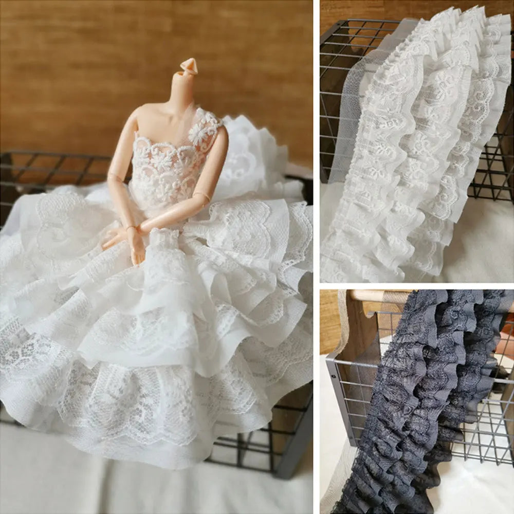 13CM Wide White Black Three Layers 3D Pleated Mesh Chiffon Fabric Embroidered Ruffle Trim DIY Dress Apparel Collar Sewing Dec