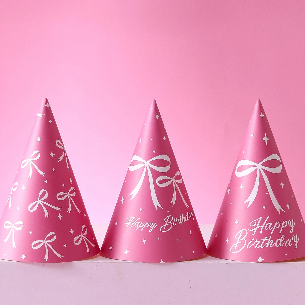 6 Pink Bow-Themed Party Paper Hats, Cute and Beautiful Pink Bow Designs, Suitable for Birthday Parties, Gender Reveal Parties