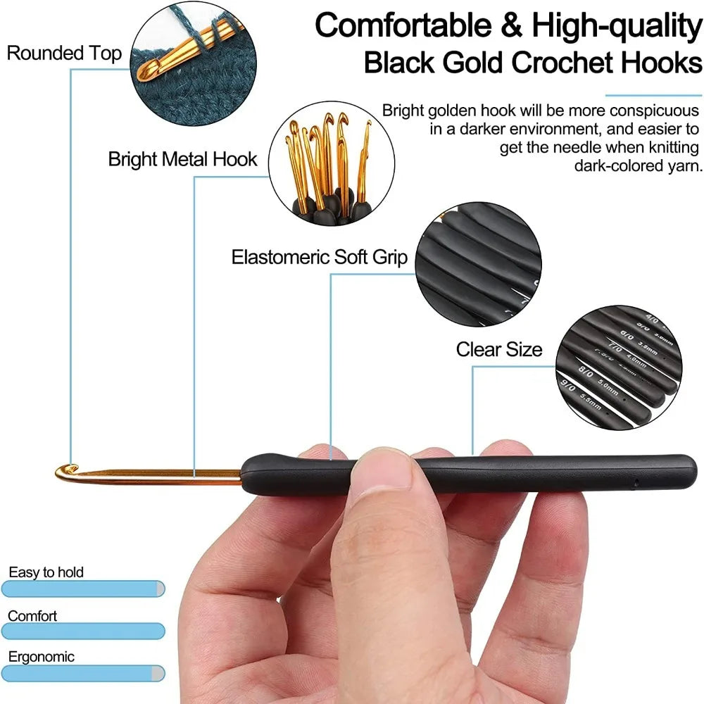 8PCS Black Crochet Hooks Set for Arthritic Hands,Ergonomic Crochet Hook Soft Crochet Needle,2.5-6.0mm Crochet Kit for Beginne