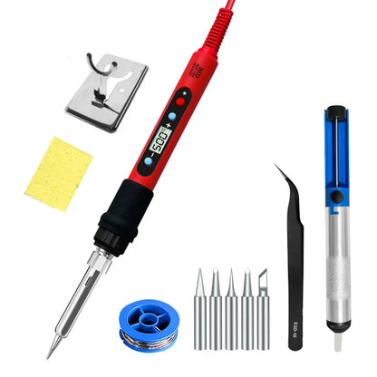 80W Soldering iron kit adjustable temperature LCD solder welding tools Ceramic heater soldering tips Tweezers soldering wire 