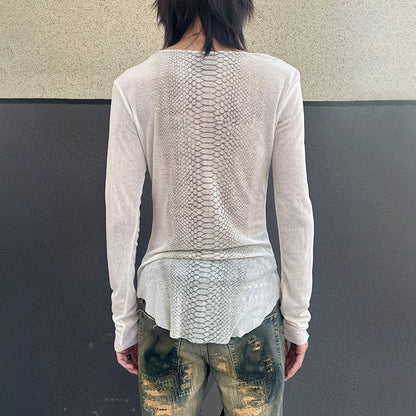 Karrcat Trashy Y2k Snakeskin Print T-shirt Grunge Aesthetics Long Sleeve Knitted Tops Vintage 2000s Streetwear American Retro