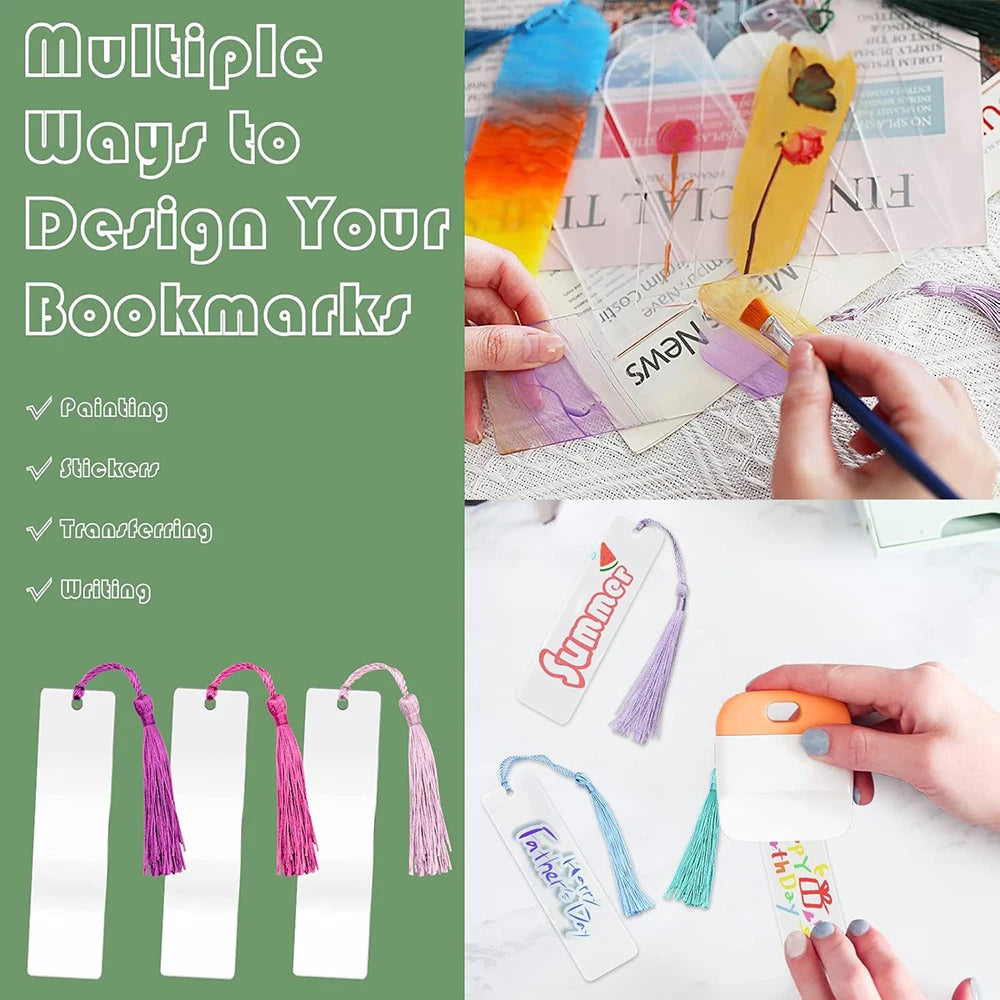 30Pcs Acrylic Bookmark Blanks Rectangle with Tassels Unfinished Transparent Acrylic Bookmarks Double Sided DIY Christmas Gift
