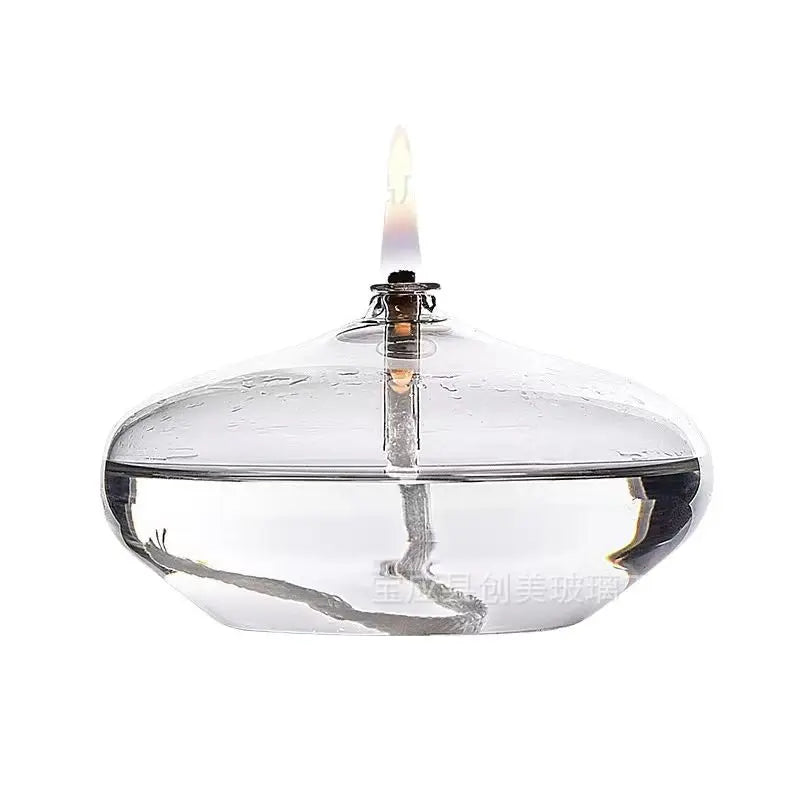 Handcrafted Flat Transparent Glass Candle Holder Oil Lamp，With a light core，Can be used as table candles，Christmas home decor