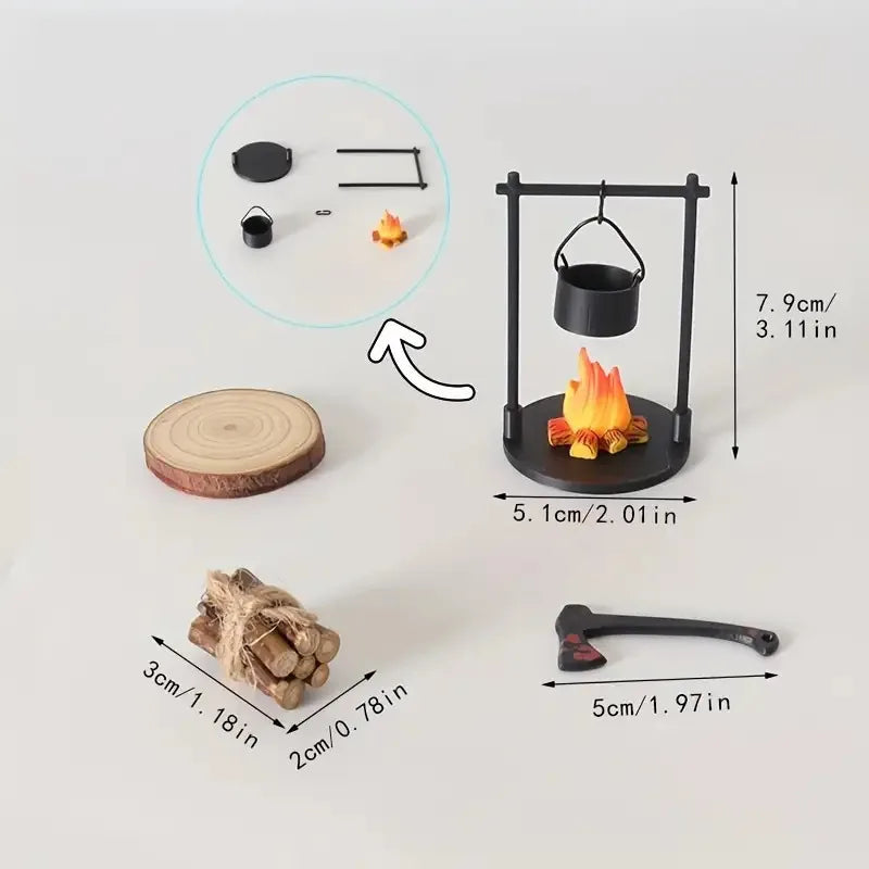 Mini Campfire Hanging Stove Pot Dollhouse Camping Picnic Firewood Pile Sand Table Micro Landscape Scene Decoration Ornament T