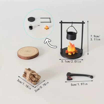 Mini Campfire Hanging Stove Pot Dollhouse Camping Picnic Firewood Pile Sand Table Micro Landscape Scene Decoration Ornament T