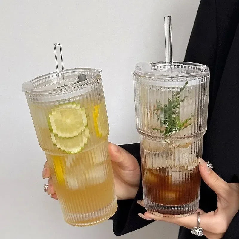 600ML Stripe Glass Coffee Cup with Lid and Straw Transparent Drinking Glasses for Juice Milk Tea Cups Iced Coffee Mugs Drinkw