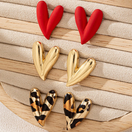 3 Pairs Elegant Design Metallic Enamel Leopard Love Heart Earring Sets Suitable for Party Valentine's Day Give To A Friend Gi