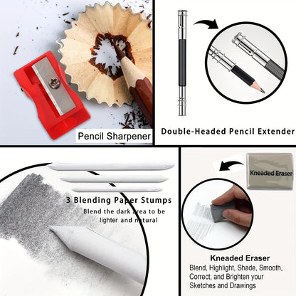 Drawing Pencils Sketch Pencil Professional Sketching Art Graphite Charcoal Blending Stump Pencils kit (29 art supplies)