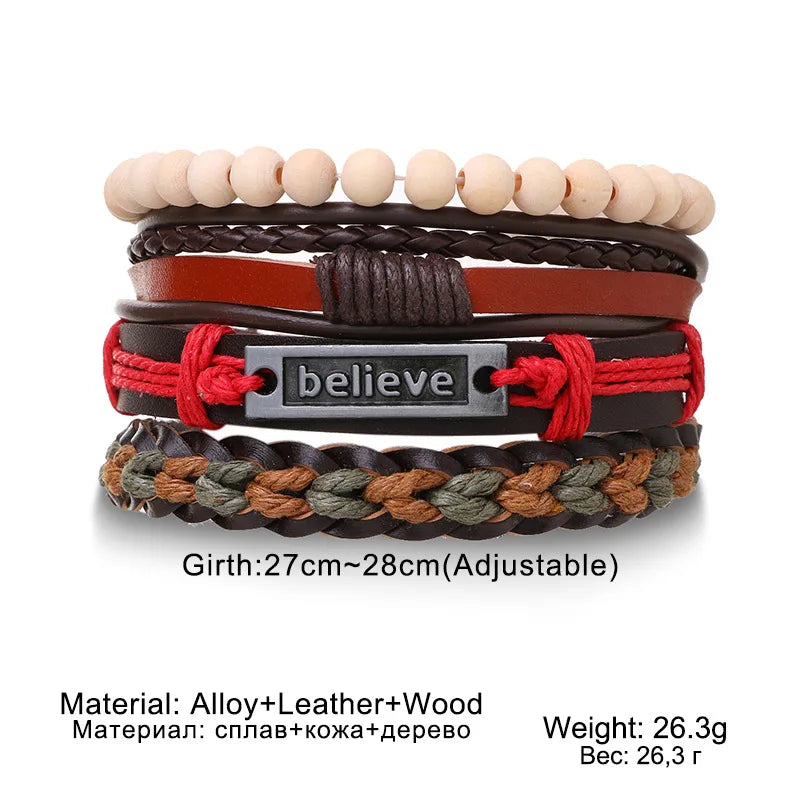 4Pcs/ Set Braided Wrap Leather Bracelets for Men Vintage Life Tree Rudder Charm Wood Beads Ethnic Tribal Wristband Rope Brace