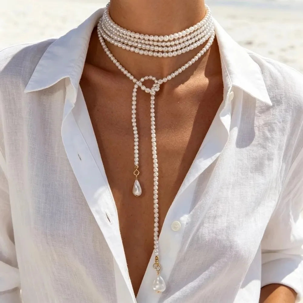 Imitation Pearl Pearl Lariat Necklace Teardrop Pendant Long Chain Length Multi Layer Necklace Multi Layer Design Elegant Styl