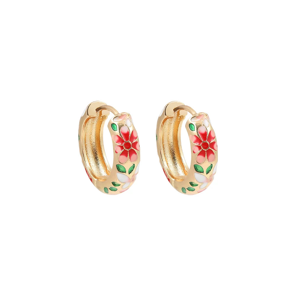 Vintage Enamel Flowers Cute Huggies Hoop Earrings for Women Classic Colorful Engraved Round Circle Ear Buckle Retro Brincos -