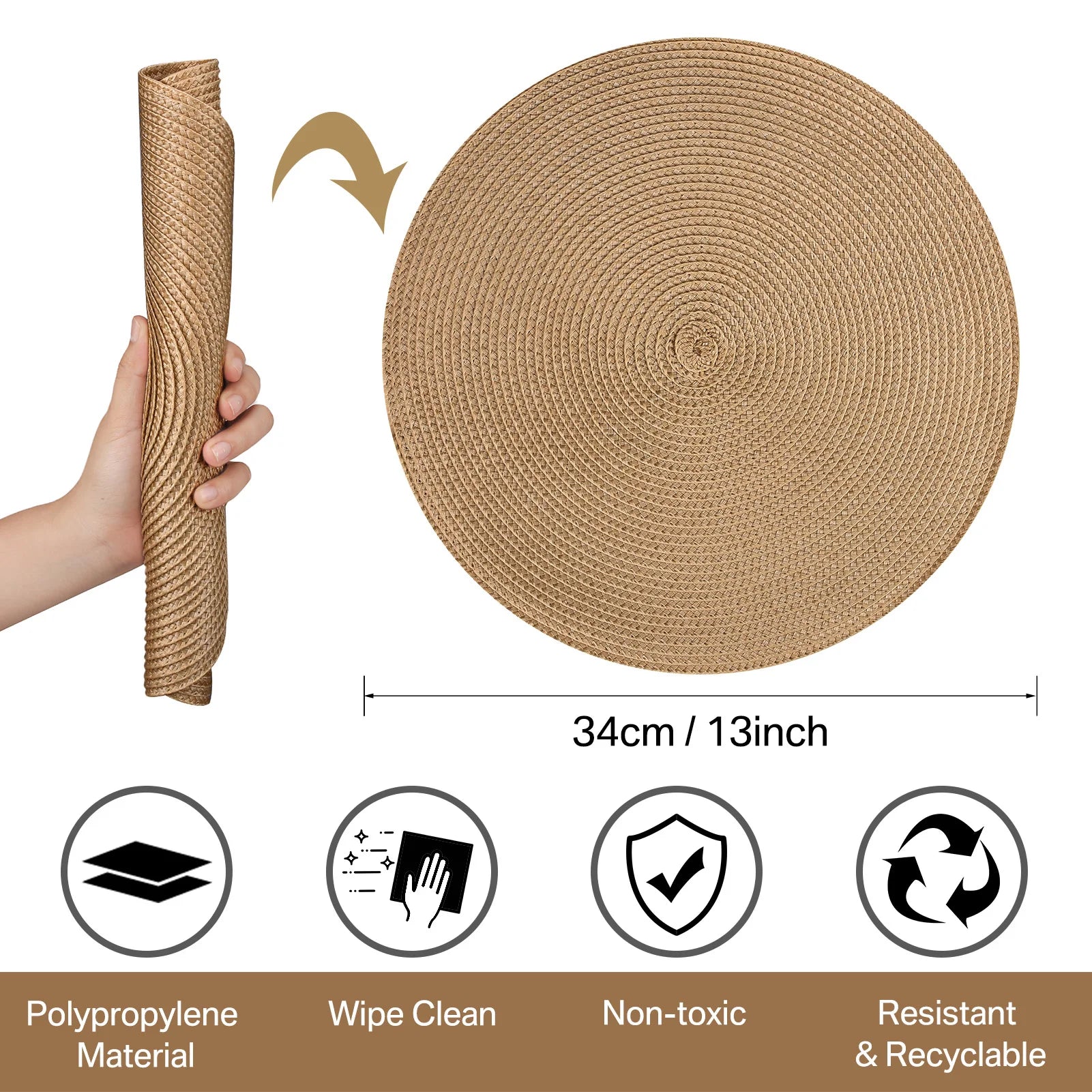 Round Braided Placemats Set of 6 Washable PP/PET Heat Resistant 34cm Table Place Mat for Kitchen Xmas Dining Table Party Deco