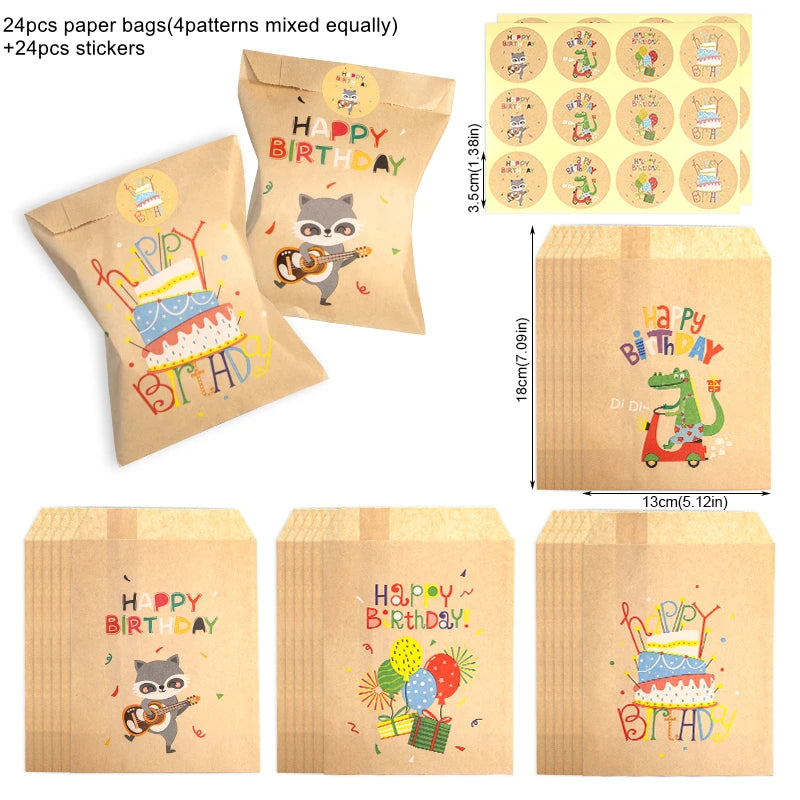 24Sets Thank You Kraft Paper Bags Cute Rainbow Dino Happy Birthday Gift Pouch Retro Flower Party Favor Bag Candy Cookie Suppl