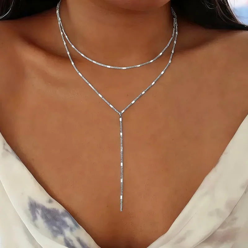 Stainless Steel Lariat Necklace Gold Plated, Dainty Long Necklace Laryered Necklaces For Women Girls, Y Shape Drop Pendant