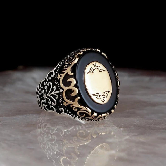 Retro Handmade Turkish Signet Ring for Men Vintage Silver Color Carving Pattern Inlay Green Zircon Party Punk Motor Biker Rin