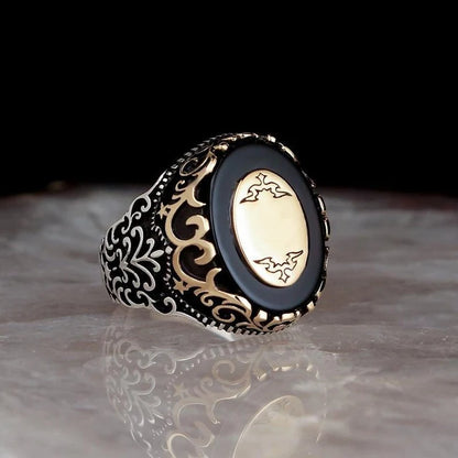 Retro Handmade Turkish Signet Ring for Men Vintage Silver Color Carving Pattern Inlay Green Zircon Party Punk Motor Biker Rin