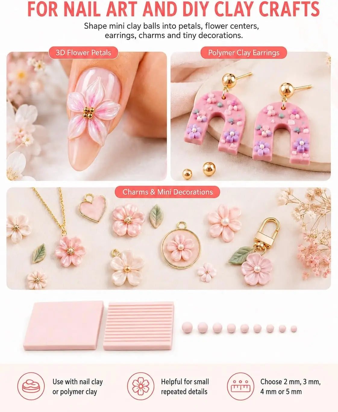 4PCS 3D Print Clay Gel Ball Maker Tool, Nail Art Bead Roller for 3D Gel Flowers | Polymer Clay Roller 2mm 3mm 4mm 5mm
