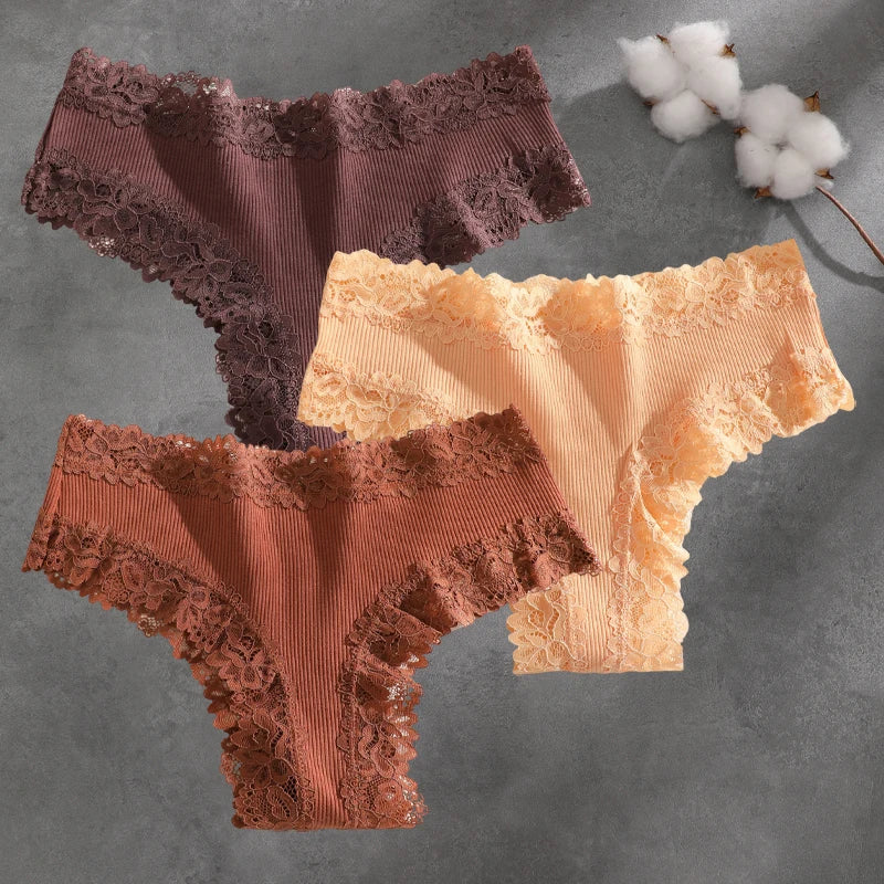 3Pcs Cotton Lace Patchwork Bikini Panties Women Seamless Floral Print Brazilian Pants Low Waist Breathable Female Sexy Linger