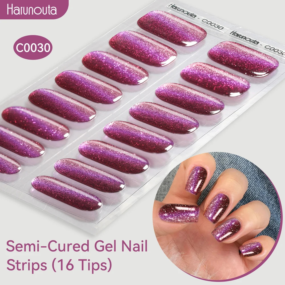 Gradient Auroras Semi Cured Gel Nail Strips Sparkly Shinning DIY Gel Polish Stickers for Nails Works with UV/LED Nail Lamps -