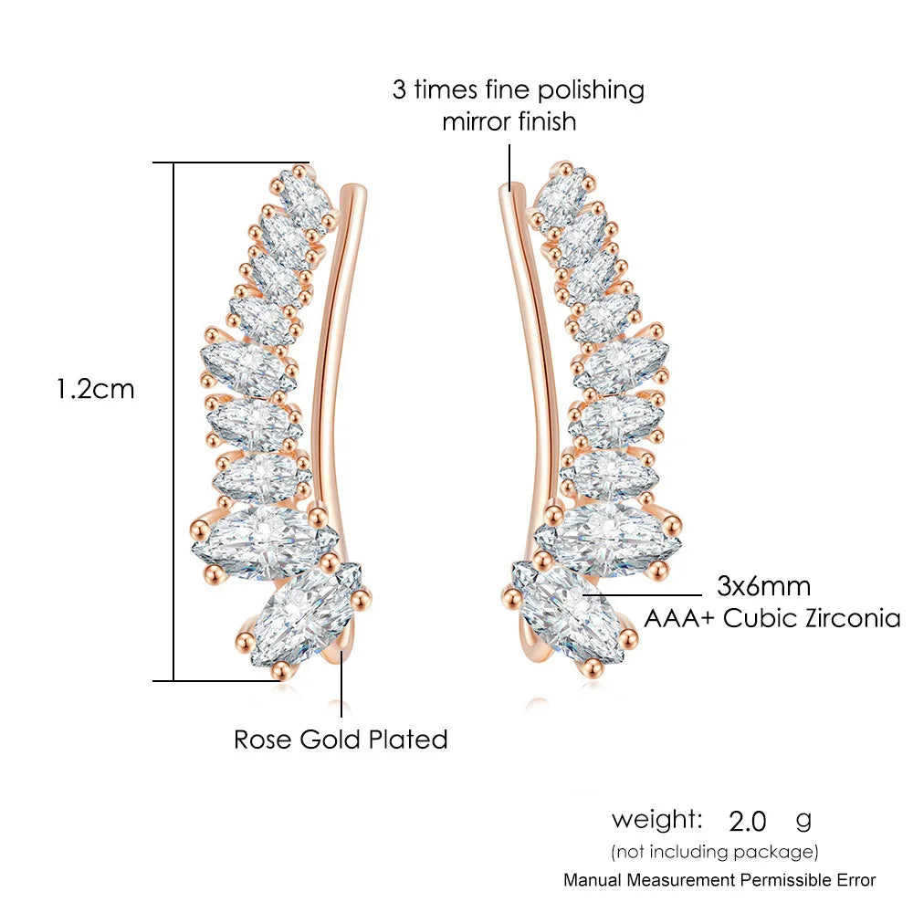 Angle Wing Ear Cuff Climbing Earrings for Women Shiny Zirconia Rose Gold Color Crystal Ear Accessories Female Gift Jewelry E7