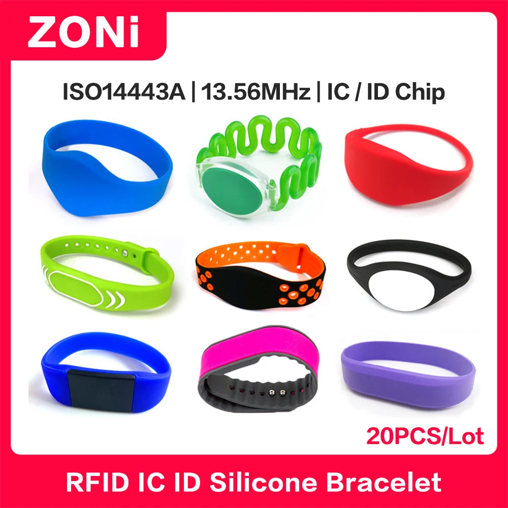 RFID IC ID Silicone Wristband Fudan F08 S50 M1 13.56MHz / TK4100 Chip 125KHz Waterproof Wrist Tag for Swimming & Foot Spa 20P