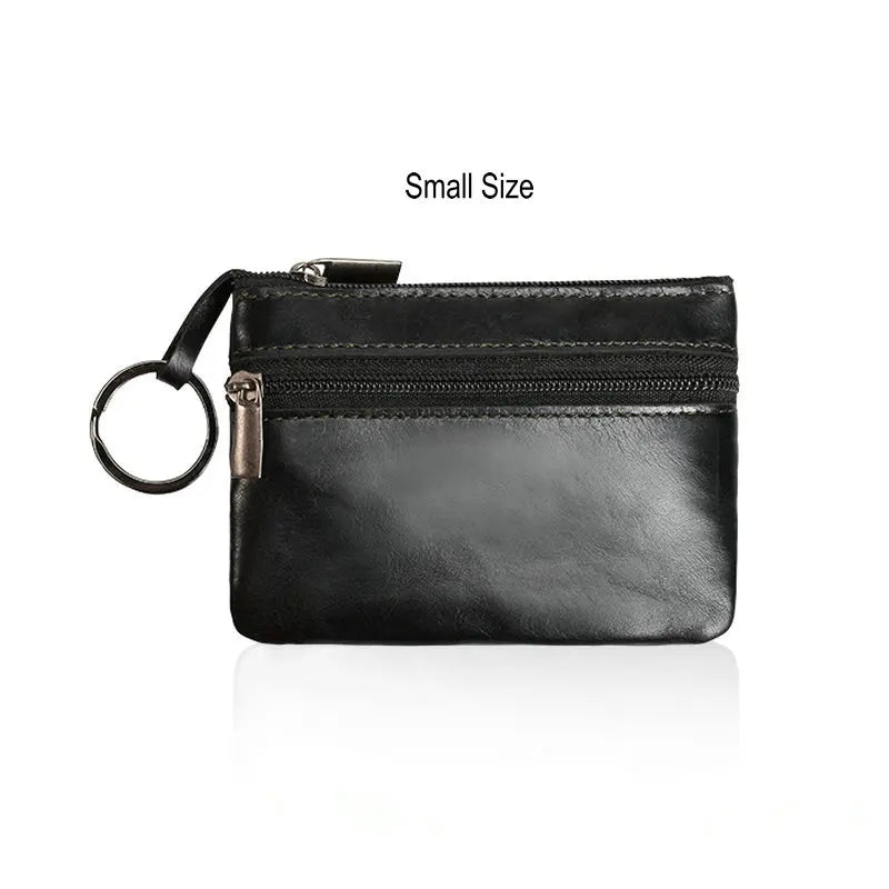 Retro Genuine Leather Coin Purse with Keychain for Men & Women Cowhide Zipper Coin Wallet Vintage Key Holder - small black pu