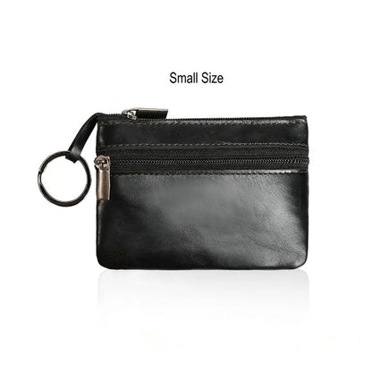 Retro Genuine Leather Coin Purse with Keychain for Men & Women Cowhide Zipper Coin Wallet Vintage Key Holder - small black pu