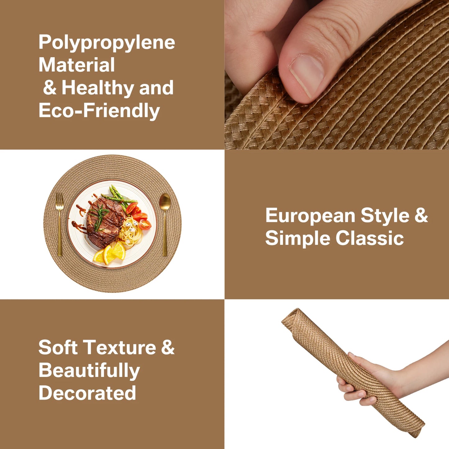 Round Braided Placemats Set of 6 Washable PP/PET Heat Resistant 34cm Table Place Mat for Kitchen Xmas Dining Table Party Deco