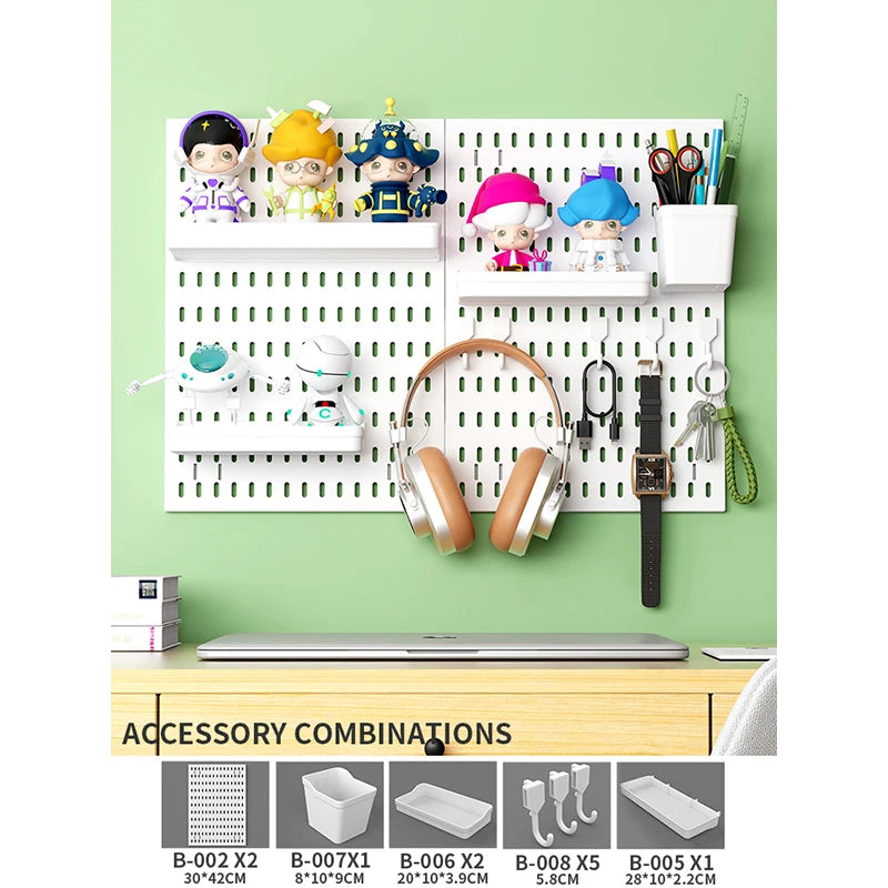 Home Office Pegboard Wall Storage Panel, PP Plastic Hole Board with Multi Hooks Shelf for Study Desk Stationery, Black White 