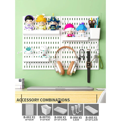 Home Office Pegboard Wall Storage Panel, PP Plastic Hole Board with Multi Hooks Shelf for Study Desk Stationery, Black White 