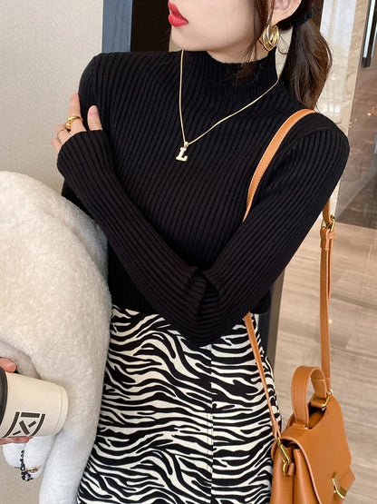 Elegant Solid Basic Knitted Tops Women Turtlneck Sweater Long Sleeve Casual Slim Pullover Korean Fashion Simple Chic Clothes 