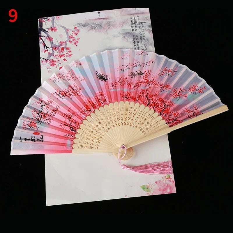 1Pc Vintage Silk Folding Fan Retro Chinese Japanese Bamboo Folding Fan Tassel Dance Hand Fan Home Decoration Ornament Craft G