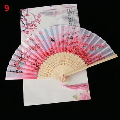 1Pc Vintage Silk Folding Fan Retro Chinese Japanese Bamboo Folding Fan Tassel Dance Hand Fan Home Decoration Ornament Craft G