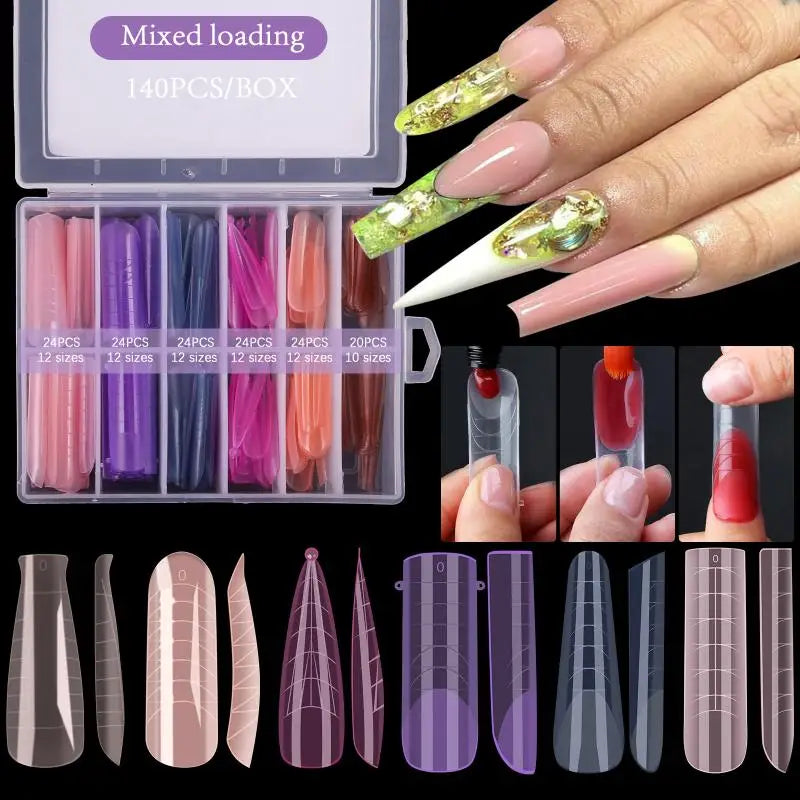 140pcs/box Nail Forms Set Colorful Full Nail Forms Top Molds Tips For Nails Gel Extension Forms Fake Building Mold Tools