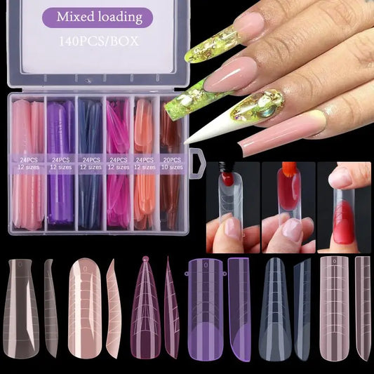 140pcs/box Nail Forms Set Colorful Full Nail Forms Top Molds Tips For Nails Gel Extension Forms Fake Building Mold Tools