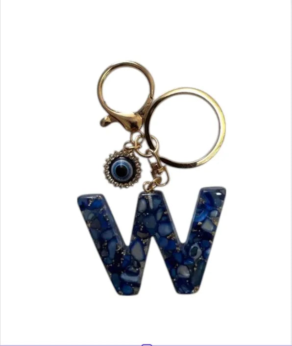 Blue Resin Initial Keychain - Evil Eye Letter Charm with Rhinestones & Tassel, Stylish Gift for Women, Lobster Clasp Accessor