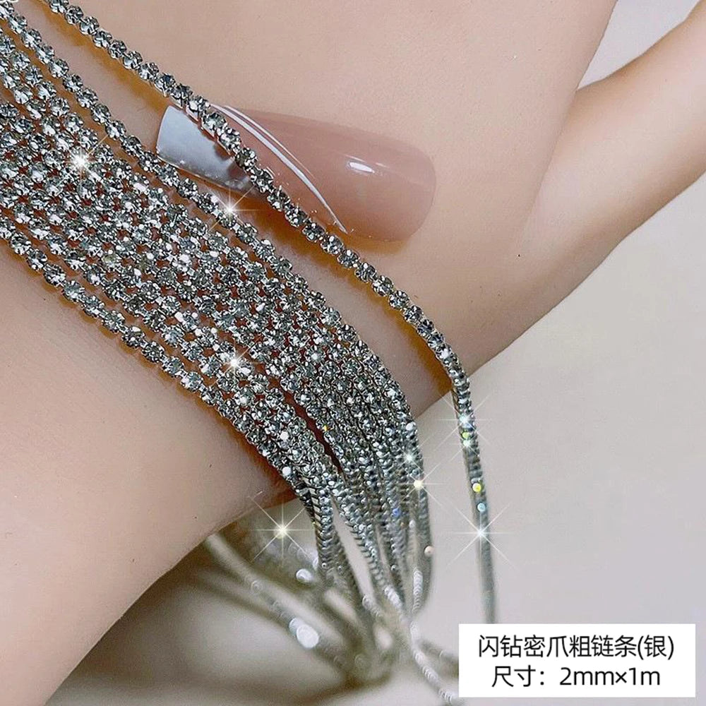 100/50cm Long Luxury Crystal Chain Nail Charms 1.5/2mm Shinying Clear/AB Diamond Nail Art Metal Steel French Manicure Crystal