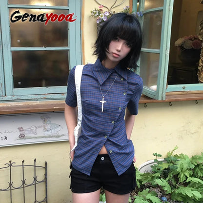 Genayooa Vintage Plaid Casual Shirt Women Short Sleeve Y2k Tops Japanese 2000s Summer Shirt Irregular American Retro 90s Tshi