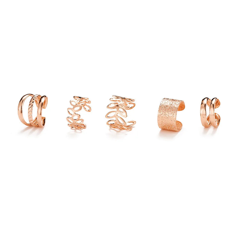 5pcs/set Retro Multi-element Leaf Geometric Ear Cuff Non-Piercing Ear Bone Clip Men and Women Summer Jewelry Boho - rose gold