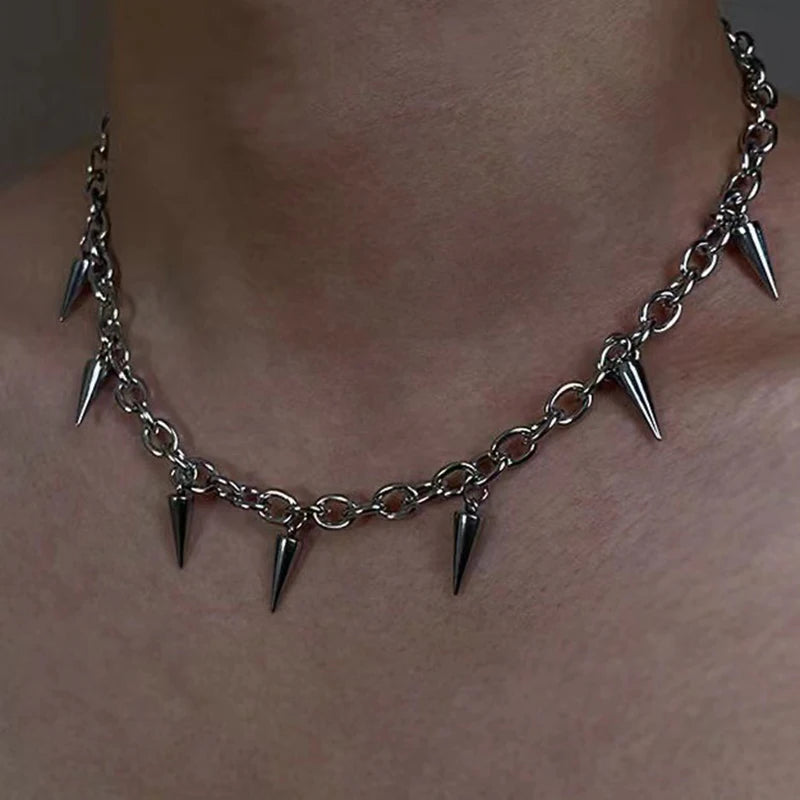 Stainless Steel Punk Aesthetic Stud Necklace Men Choker Cool Hip Hop Women Rivet Pendant Necklace Gothic Jewelry Gifts - silv