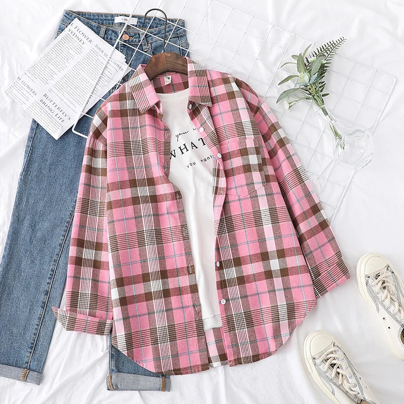 Fresh Flannel Plaid Shirt Women 2026 New Female Blouses and Tops Cotton Loose Long Sleeve Casual Shirts Fine Women's Clothes 