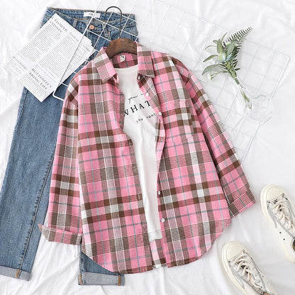 Fresh Flannel Plaid Shirt Women 2026 New Female Blouses and Tops Cotton Loose Long Sleeve Casual Shirts Fine Women's Clothes 