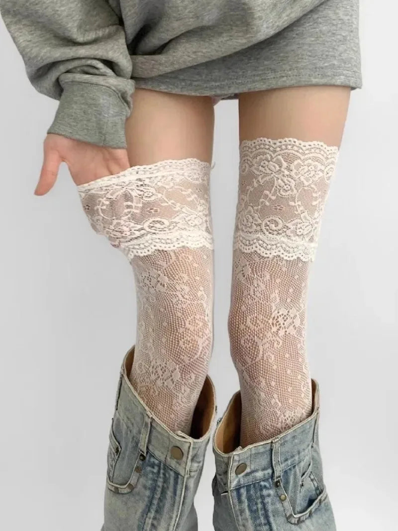 Women's Sexy Lace Floral Fishnet Stockings Costumes JK Lolita Thigh High Socks Nylon Mesh Breathable Over The Knee Stockings 