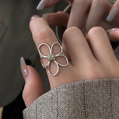 VENTFILLE 925 Sterling Silve Flower Ring for Women Gift Hollow Out Design Retro Hip Hop Versatile Jewelry Party Gift