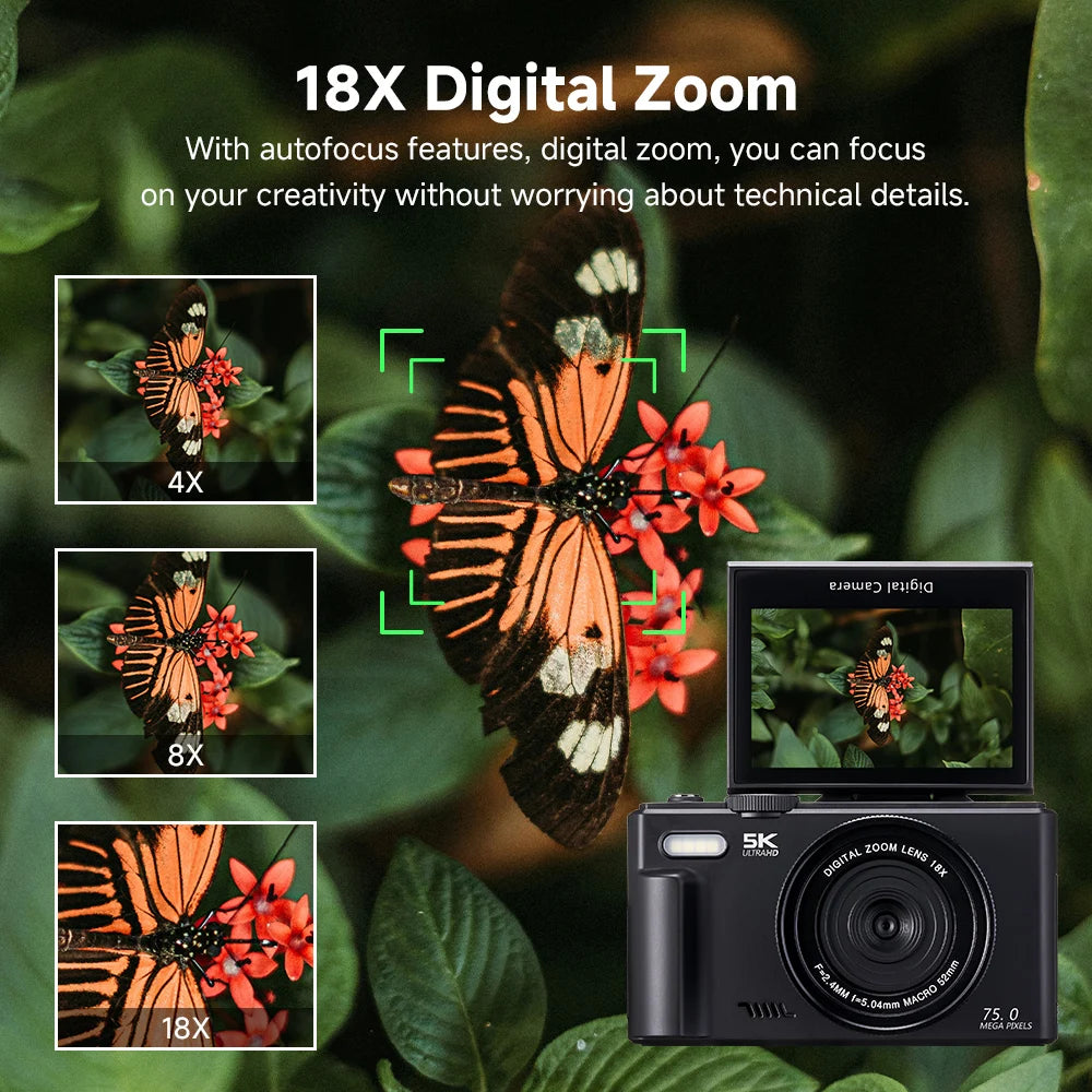 75MP Digital Camera for Photography 5K 18X Digital Zoom Vintage Vlog Video Recorder For YouTube 180° Flip Screen Selfile WiFi