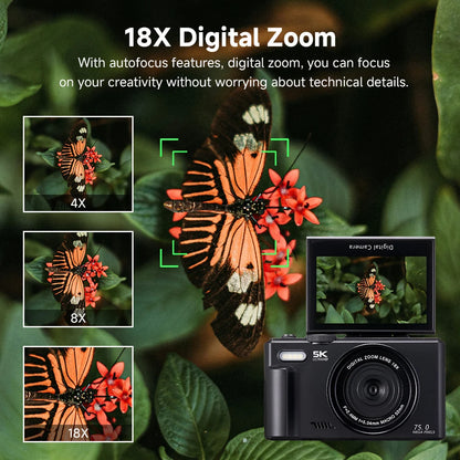 75MP Digital Camera for Photography 5K 18X Digital Zoom Vintage Vlog Video Recorder For YouTube 180° Flip Screen Selfile WiFi