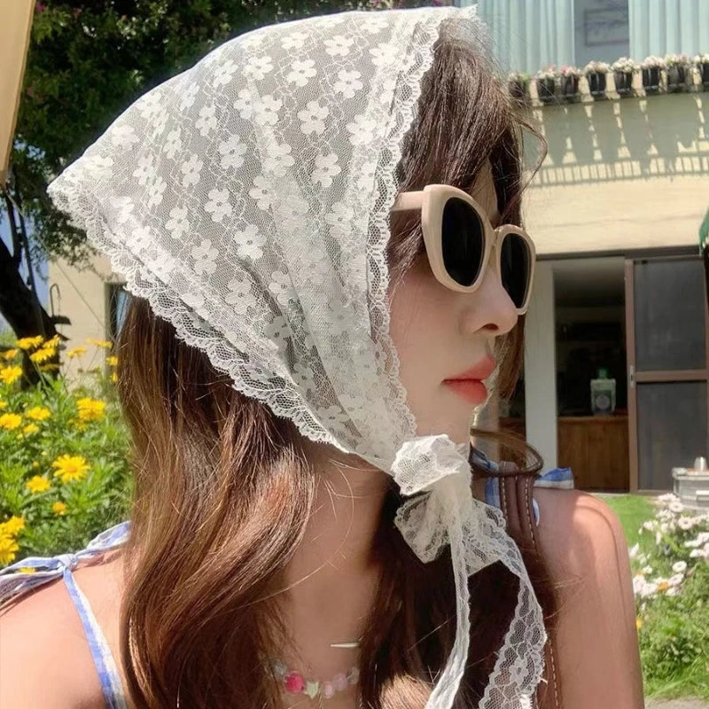 Lace Flower Elegant Temperament Lace Female Flower White Sweet Triangle Scarf Thin Breathable Ribbon Artistic Style Travel Ph